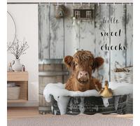 ASDCXZ Funny Cow Shower Curtain 150x180 cm, Rustic Cute Highland Cow Duck Bathroom Vintage Farmhouse Animal Waterproof Bath Curtain Polyester Textile Washable Shower Curtains for Bathtub with 10 Hooks