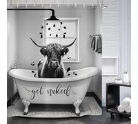 ASDCXZ Funny Cow Shower Curtain 180x200 cm, Rustic Grey Highland Cow Washing Vintage Farmhouse Wild Animal Waterproof Bath Curtain Polyester Textile Washable Shower Curtains for Bathtub with 12 Hooks