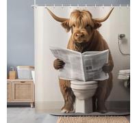 ASDCXZ Funny Cow Shower Curtain 180x200 cm, Rustic Highland Cow Reading Newspaper Vintage Farmhouse Animal Waterproof Bath Curtain Polyester Textile Washable Shower Curtains for Bathtub with 12 Hooks