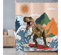ASDCXZ Funny Dinosaur Shower Curtain 180x220 cm, Japanese Ocean Wave Funny Monster Dinosaur Surfing Waterproof Bath Curtain Polyester Textile Washable Shower Curtains for Bathtub with 12 Hooks