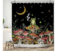 ASDCXZ Funny Shower Curtain 180x200 cm, Funny Frog Smoking Mushroom Gold Moon Star Black Bath Washable Shower Curtains Polyester Textile Waterproof Bath Curtain for Bathtub with 12 Hooks