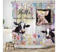 ASDCXZ Funny Shower Curtain 240x180 cm, Watercolor Funny Dairy Pig Colorful Flowers Retro Wood Grain Bath Washable Shower Curtains Polyester Textile Waterproof Bath Curtain for Bathtub with 12 Hooks