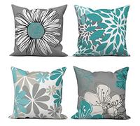 ASDCXZ Green Cushion Cover 45x45 cm Set of 4, Northern Europe Modern Flowers Green Grey Sofa Deco Cushion Covers Washable Polyester Linen Square Throw Pillow Cases for Living Room Couch Pillowcases