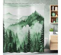 ASDCXZ Green Misty Forest Shower Curtain 180x200 cm, Mountain Pine Cloud Forest Landscape Tree Chic Rustic Waterproof Bath Curtain Polyester Textile Washable Shower Curtains for Bathtub with 12 Hooks