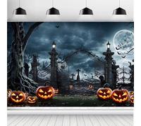 ASDCXZ Halloween Backdrop 10x8FT, Horror Full Moon Iron Gate Cemetery Pumpkin Lantern Halloween Theme Photography Background for Haunted House Party Decoration Banner Photo Studio Props