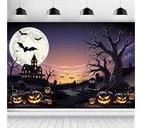 ASDCXZ Halloween Backdrop 12x10FT, Horror Full Moon Castle Graveyard Pumpkin Lantern Bats Halloween Theme Photography Background for Haunted House Party Decoration Banner Photo Studio Props