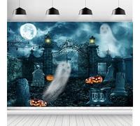 ASDCXZ Halloween Backdrop 12x8FT, Horror Full Moon Iron Gate Cemetery Pumpkin Lantern Ghost Halloween Theme Photography Background for Haunted House Party Decoration Banner Photo Studio Props