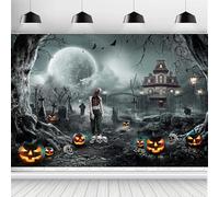 ASDCXZ Halloween Backdrop 5x3FT, Horror Full Moon Iron Gate Castle Cemetery Skeleton Pumpkin Halloween Theme Photography Background for Haunted House Party Decoration Banner Photo Studio Props
