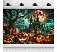 ASDCXZ Halloween Backdrop 5x3FT, Scary Full Moon Magic Castle Pumpkin Lantern Halloween Theme Photography Background for Haunted House Party Decoration Banner Photo Studio Props