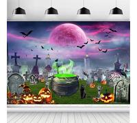 ASDCXZ Halloween Backdrop 6x4FT, Scary Purple Full Moon Magic Cauldron Cat Skull Halloween Theme Photography Background for Haunted House Party Decoration Banner Photo Studio Props