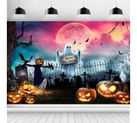 ASDCXZ Halloween Backdrop 6x4FT, Scary Purple Full Moon Pumpkin Lantern Ghost Skull Halloween Theme Photography Background for Haunted House Party Decoration Banner Photo Studio Props