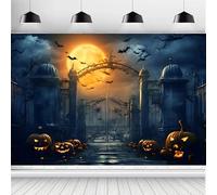 ASDCXZ Halloween Backdrop 8x6FT, Horror Full Moon Iron Gate Pumpkin Lantern Bats Halloween Theme Photography Background for Haunted House Party Decoration Banner Photo Studio Props