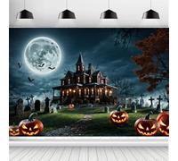 ASDCXZ Halloween Backdrop 8x6FT, Horror Full Moon Night Haunted House Graveyard Pumpkin Bats Halloween Theme Photography Background for Haunted House Party Decoration Banner Photo Studio Props