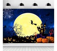 ASDCXZ Happy Halloween Backdrop 8x6FT, Pumpkin Lantern Castle Night Moon Witch Spider Web Halloween Theme Photography Background for Kids Birthday Baby Shower Party Decoration Banner
