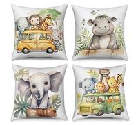 ASDCXZ Kids Pillow Cover 40x40 cm 4-Pack, Cute Animal Elephant Hippo Lion Giraffe Sofa Deco Pillow Covers, Washable Polyester Flax Textile Outdoor Pillow Cover
