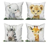 ASDCXZ Kids Pillow Cover 40x40 cm 4er Set, Cute Animal Elephant Hippo Lion Giraffe Sofa Deco Pillow Covers Pillow Cover Washable Polyester Flax Textile Outdoor Pillow Cover Pillow Cover