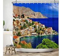ASDCXZ Landscape Shower Curtain 165x180 cm, Europe Greece Sea Island Natural Landscape Building Bathroom Washable Shower Curtains Polyester Textile Waterproof Bath Curtain for Bathtub with 12 Hooks