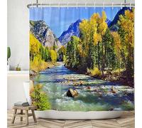 ASDCXZ Landscape Shower Curtain 180x180 cm, Natural Landscape Mountain and Stream Green Forest Winter Washable Shower Curtains Polyester Textile Waterproof Bath Curtain for Bathtub with 12 Hooks
