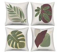 ASDCXZ Leaves Pillow Cover 40x40 cm 4er Set, Modern Simple Green Leaves White Sofa Deco Pillow Covers, Washable Polyester Flax Textile Outdoor Upholstery