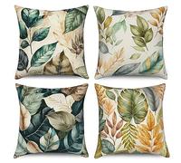 ASDCXZ Leaves Pillow Cover 50x50 cm 4er Set, Modern Art Blue Green Leaves Sofa Deco Pillow Covers Pillow Cover Washable Polyester Flax Textile Outdoor Upholstery Pillow Cover Pillow Cover