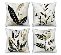 ASDCXZ Leaves Pillow Cover 50x50 cm 4er Set, Modern Simple Black Gold Leaves Sofa Deco Pillow Covers Pillow Cover Washable Polyester Flax Textile Outdoor Upholstery Pillow Cover Pillow Cover
