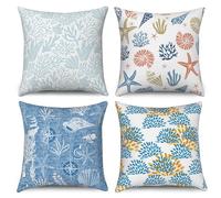 ASDCXZ Maritim Pillow Cover 45x45 cm 4pcs Set, Compass Starfish Coral Bowl Blue White Sofa Cushion Cushion Covers Pillow Cover Washable Polyester Flax Textile Outdoor Pillow Cover Pillow Cover