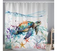 ASDCXZ Maritim Shower Curtain 180x220 cm, Watercolor Blue Sea Animals Turtle Starfish Nautical Colorful Washable Shower Curtains Polyester Textile Waterproof Bath Curtain for Bathtub with 12 Hooks
