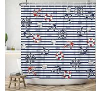 ASDCXZ Maritim Shower Curtain 240x180 cm, White Navy Blue Stripes Nautical Anchor Compass Lifebuoy Bath Washable Shower Curtains Polyester Textile Waterproof Bath Curtain for Bathtub with 12 Hooks