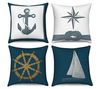 ASDCXZ Maritime Pillow Cover 40x40 cm 4pcs Set, Maritime Anchor Sea Compass Sailboat Sofa Deco Cushion Covers Pillow Cover Washable Polyester Linen Textile Upholstery Pillow Cover Pillow Cover