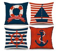 ASDCXZ Maritime Pillow Cover 40x40 cm 4pcs Set, Red Navy Blue Anchor Compass Sailboats Sofa Deco Pillow Covers Pillow Cover Washable Polyester Flax Textile Outdoor Pillow Cover Pillow Cover