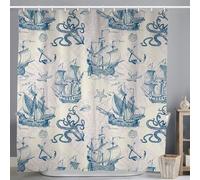 ASDCXZ Maritime Shower Curtain 180x200 cm, Maritime Nautical Sailboat Anchor Sea Animals Octopus Shells Washable Shower Curtains Polyester Textile Waterproof Bath Curtain for Bathtub with 12 Hooks