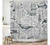 ASDCXZ Maritime Shower Curtain 90x180 cm, Maritime Nautical Diary Sailboat Anchor Compass Sea Animals Washable Shower Curtains Polyester Textile Waterproof Shower Curtain for Bathtub with 6 Hooks
