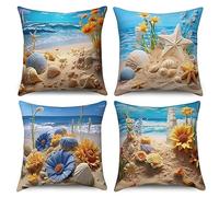 ASDCXZ Ocean Pillow Cover 40x40 cm 4pcs Set, Beach Bowl Starfish Blue Yellow Flower Sofa Deco Pillow Covers, Washable Polyester Linen Textile Upholstery Pillow Cover
