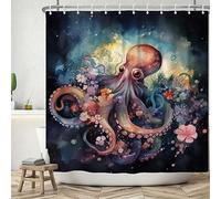 ASDCXZ Octopus Shower Curtain 180x200 cm, Art Watercolor Cute Octopus Rose Colorful Flowers Bath Washable Shower Curtains Polyester Textile Waterproof Bath Curtain for Bathtub with 12 Hooks