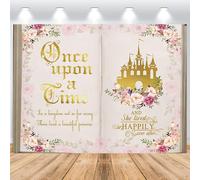 ASDCXZ Once Upon a Time Backdrop 7x5FT, Pink Flowers Gold Castle Princess Birthday Photo Backdrop, Photography Backdrop for Girl First Birthday Party Cake Table Decoration