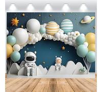 ASDCXZ Outer Space Birthday Backdrop 7x5FT, Cartoon Astronaut Star Galaxy Balloon Blue Photography Background Kids Boy Outer Space Theme First Birthday Party Decor Prop Banner