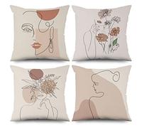 ASDCXZ Pillow Cover 50x50 cm 4pcs Set, Boho Beige Sofa Deco Pillow Covers Modern Abstract Art Girl Flower Line Washable Pillow Cover Pillow Cover Polyester Flax Textile Pillow Cover