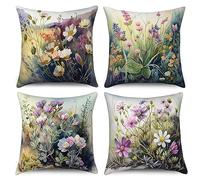 ASDCXZ Pillow Cover Retro Flowers 40x40 cm 4er Set, Oil Painting Flower Leaves Sofa Cushion Deco Pillow Covers Washable Polyester Flax Textile Outdoor Upholstery Pillow Cover