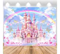 ASDCXZ Princess Castle Photo Backdrop 7x5FT, Pink Castle Rainbow Floral Butterfly Photography Backdrop for Princess Girl 1 Year Birthday Wedding Party Cake Table Decoration Photo Studio Props