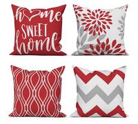 ASDCXZ Red Cushion Cover 40x40 Set of 4, Modern Red White Geometry Pattern Square Couch Sofa Decorative Pillow Cushion Covers, Home Sweet Home Farmhouse Washable Polyester Textile Outdoor Pillowcase