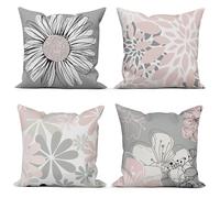 ASDCXZ Rose Cushion Cover Set of 4 - 45 x 45 cm Modern Rose Grey Flowers Pattern Decorative Cushions Washable Polyester Flax Textile Outdoor Pillowcases
