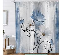 ASDCXZ Rustic Farmhouse Shower Curtain 180x200 cm, Vintage Farm Blue Daisy Flowers Butterfly Waterproof Bath Curtain Polyester Textile Washable Shower Curtains for Bathtub with 12 Hooks
