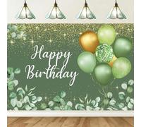 ASDCXZ Sage Green Birthday Photo Backdrop 6x4FT, Green Eucalyptus Leaves Balloon Glitter Gold Photography Background for Lady Women Girls Birthday Party Decoration Banner Photo Props