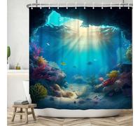 ASDCXZ Sea Floor Shower Curtain 180x200 cm, Blue Deep Sea Ocean Colorful Underwater World Sea Fish Coral Washable Shower Curtains Polyester Textile Waterproof Bath Curtain for Bathtub with 12 Hook