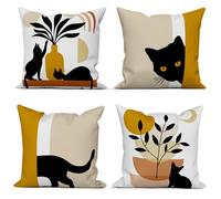 ASDCXZ Set of 4 Cat Cushion Cover 45x45 cm Boho Abstract Square Sofa Bedroom Decoration Pillow Cushion Covers, Funny Black Cat Sun Moon Vase Leaves Washable Polyester Textile Outdoor Pillowcase