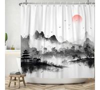 ASDCXZ Shower Curtain 150x180 cm, Chinese Style Ink and Washing Painting Mountain Sunset Washable Bath Shower Curtains Polyester Textile Waterproof Shower Curtain for Bathtub with 10 Hooks