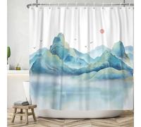 ASDCXZ Shower Curtain 180x180 cm, Classic Landscape Painting Blue Yellow Fog Mountain Peak Birds Red Sun Washable Shower Curtains Polyester Textile Waterproof Bath Curtain for Bathtub with 12 Hooks