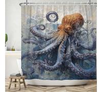 ASDCXZ Shower Curtain 180x180 cm, Hand Painted Benthic Organisms Octopus Washable Bath Shower Curtains Polyester Textile Waterproof Shower Curtain for Bathtub with 12 Hooks