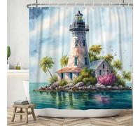 ASDCXZ Shower Curtain 180x180 cm, Modern Art Watercolor Blue Ocean Small Island Lighthouse Palm Trees Bird Washable Shower Curtains Polyester Textile Waterproof Bath Curtain for Bathtub with 12 Hooks