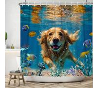 ASDCXZ Shower Curtain Dog 180 x 200 cm, Funny Dog Happy Swimming Underwater World Colourful Ocean Fish Washable Bath Shower Curtains Polyester Textile Waterproof Shower Curtain for Bath with 12 Hooks